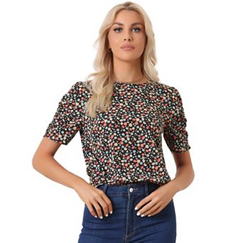 Women's Floral Crew Neck Casual Shirred Short Sleeve Blouse