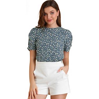 Women's Floral Crew Neck Casual Shirred Short Sleeve Blouse