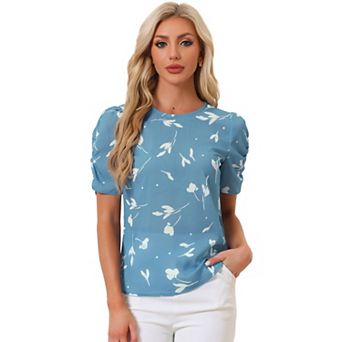 Women's Floral Crew Neck Casual Shirred Short Sleeve Blouse