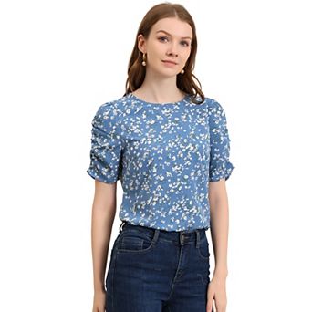 Women's Floral Crew Neck Casual Shirred Short Sleeve Blouse