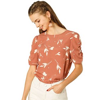 Women's Floral Crew Neck Casual Shirred Short Sleeve Blouse