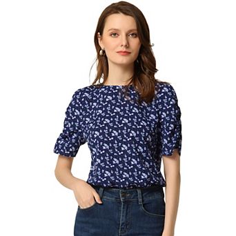 Women's Floral Crew Neck Casual Shirred Short Sleeve Blouse