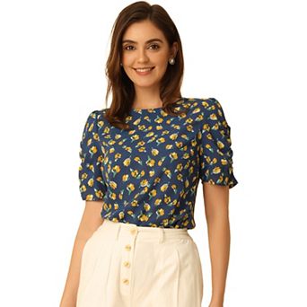Women's Floral Crew Neck Casual Shirred Short Sleeve Blouse
