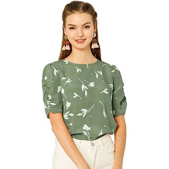 Women's Floral Crew Neck Casual Shirred Short Sleeve Blouse