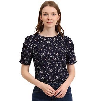 Women's Floral Crew Neck Casual Shirred Short Sleeve Blouse