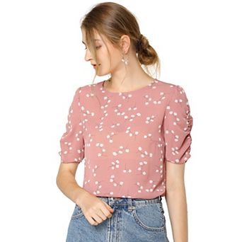 Women's Floral Crew Neck Casual Shirred Short Sleeve Blouse