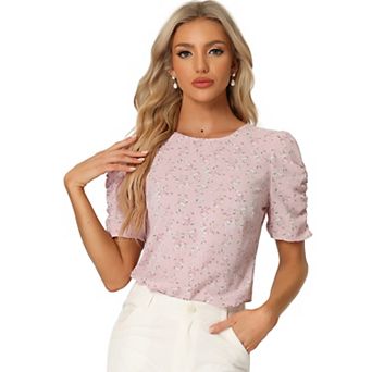 Women's Floral Crew Neck Casual Shirred Short Sleeve Blouse