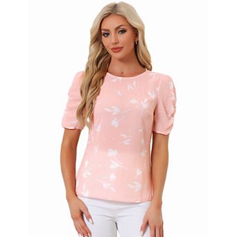 Women's Floral Crew Neck Casual Shirred Short Sleeve Blouse