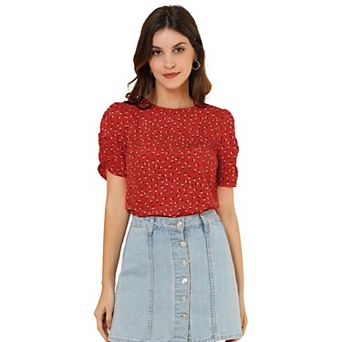 Women's Floral Crew Neck Casual Shirred Short Sleeve Blouse