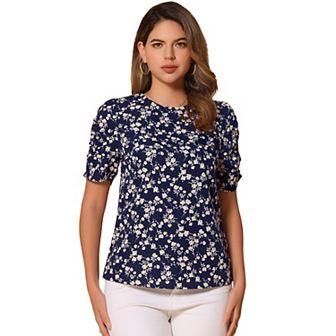 Women's Floral Crew Neck Casual Shirred Short Sleeve Blouse