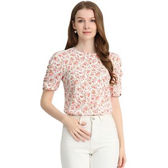 Women's Floral Crew Neck Casual Shirred Short Sleeve Blouse