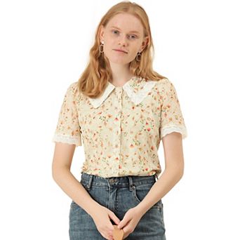 Women's Peter Pan Collar Shirt Lace Embroidered 1940s Vintage Peasant Floral Blouse