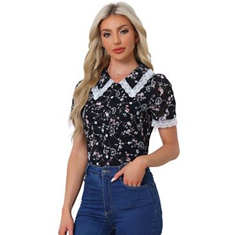 Women's Peter Pan Collar Shirt Lace Embroidered 1940s Vintage Peasant Floral Blouse