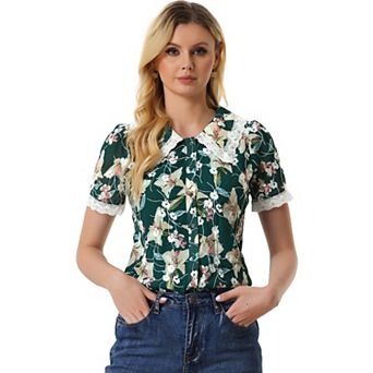 Women's Peter Pan Collar Shirt Lace Embroidered 1940s Vintage Peasant Floral Blouse