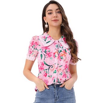 Women's Peter Pan Collar Shirt Lace Embroidered 1940s Vintage Peasant Floral Blouse