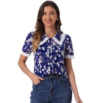 Women's Peter Pan Collar Shirt Lace Embroidered 1940s Vintage Peasant Floral Blouse