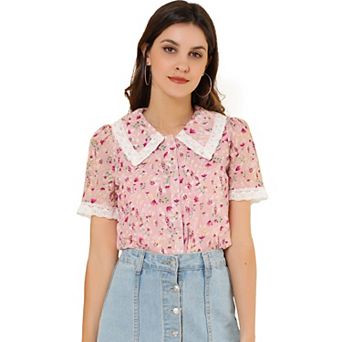 Women's Peter Pan Collar Shirt Lace Embroidered 1940s Vintage Peasant Floral Blouse