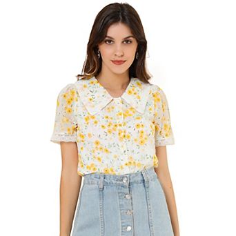 Women's Peter Pan Collar Shirt Lace Embroidered 1940s Vintage Peasant Floral Blouse