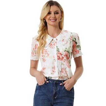 Women's Peter Pan Collar Shirt Lace Embroidered 1940s Vintage Peasant Floral Blouse