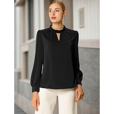 Women's Keyhole Stand Collar Pleated Back Button Blouse Tops