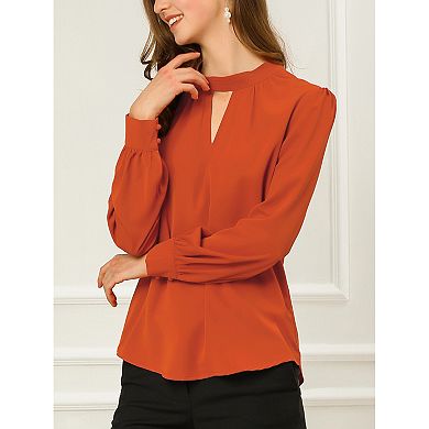 Women's Keyhole Stand Collar Pleated Back Button Blouse Tops
