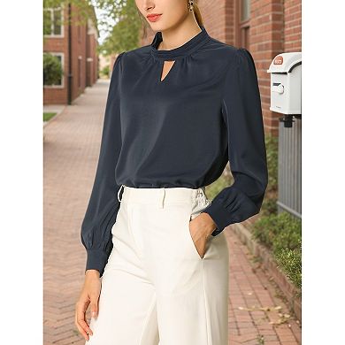 Women's Keyhole Stand Collar Pleated Back Button Blouse Tops