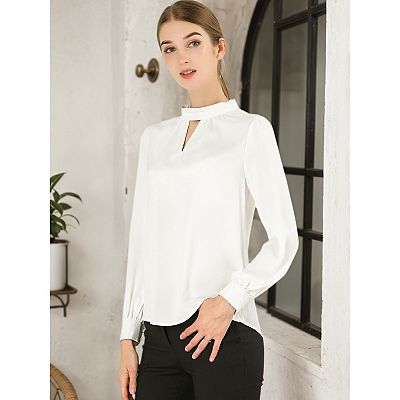 Women's Keyhole Stand Collar Pleated Back Button Blouse Tops