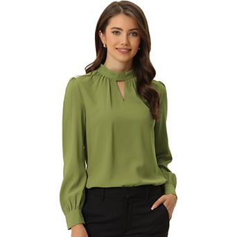 Women's Keyhole Stand Collar Pleated Back Button Blouse Tops