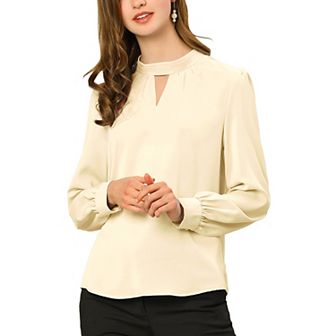 Women's Keyhole Stand Collar Pleated Back Button Blouse Tops