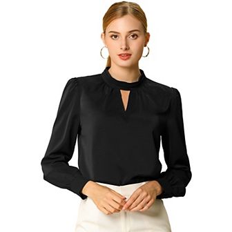 Women's Keyhole Stand Collar Pleated Back Button Blouse Tops