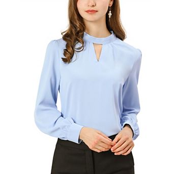 Women's Keyhole Stand Collar Pleated Back Button Blouse Tops