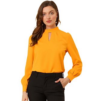 Women's Keyhole Stand Collar Pleated Back Button Blouse Tops