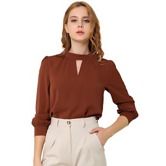 Women's Keyhole Stand Collar Pleated Back Button Blouse Tops