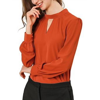 Women's Keyhole Stand Collar Pleated Back Button Blouse Tops