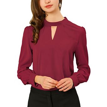 Women's Keyhole Stand Collar Pleated Back Button Blouse Tops