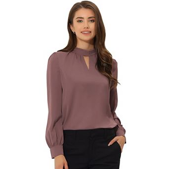 Women's Keyhole Stand Collar Pleated Back Button Blouse Tops