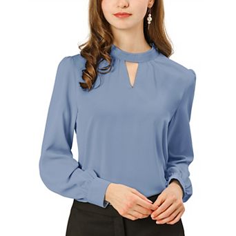 Women's Keyhole Stand Collar Pleated Back Button Blouse Tops
