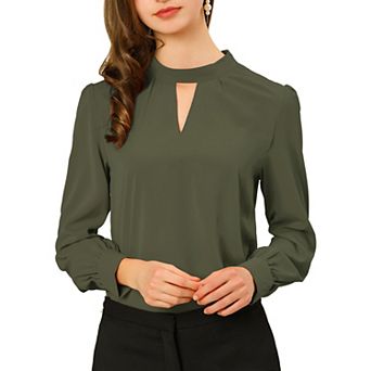 Women's Keyhole Stand Collar Pleated Back Button Blouse Tops