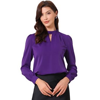 Women's Keyhole Stand Collar Pleated Back Button Blouse Tops
