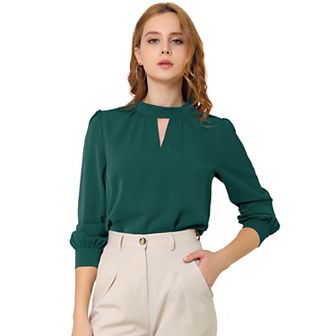 Women's Keyhole Stand Collar Pleated Back Button Blouse Tops
