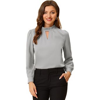 Women's Keyhole Stand Collar Pleated Back Button Blouse Tops