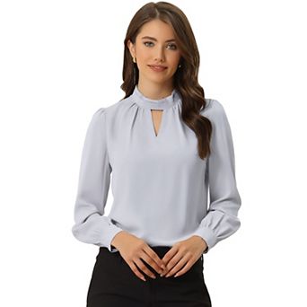 Women's Keyhole Stand Collar Pleated Back Button Blouse Tops