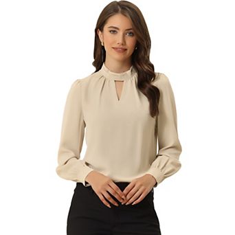 Women's Keyhole Stand Collar Pleated Back Button Blouse Tops