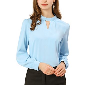Women's Keyhole Stand Collar Pleated Back Button Blouse Tops