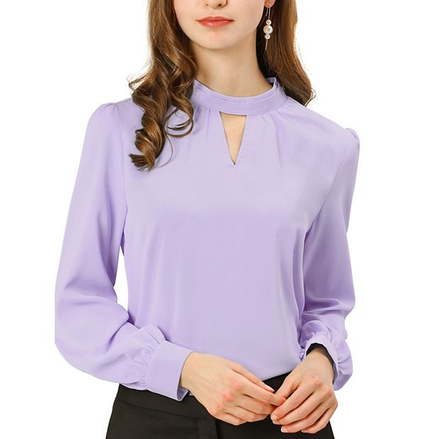 Women's Keyhole Stand Collar Pleated Back Button Blouse Tops