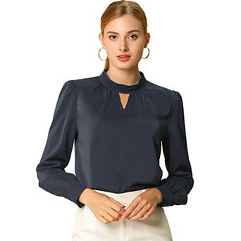 Women's Keyhole Stand Collar Pleated Back Button Blouse Tops
