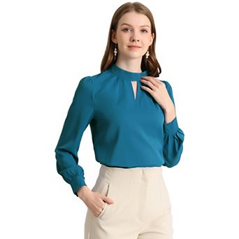 Women's Keyhole Stand Collar Pleated Back Button Blouse Tops