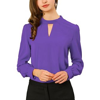Women's Keyhole Stand Collar Pleated Back Button Blouse Tops