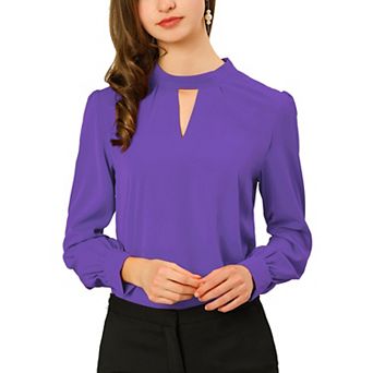 Women's Keyhole Stand Collar Pleated Back Button Blouse Tops