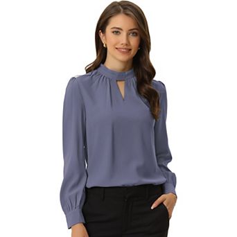 Women's Keyhole Stand Collar Pleated Back Button Blouse Tops